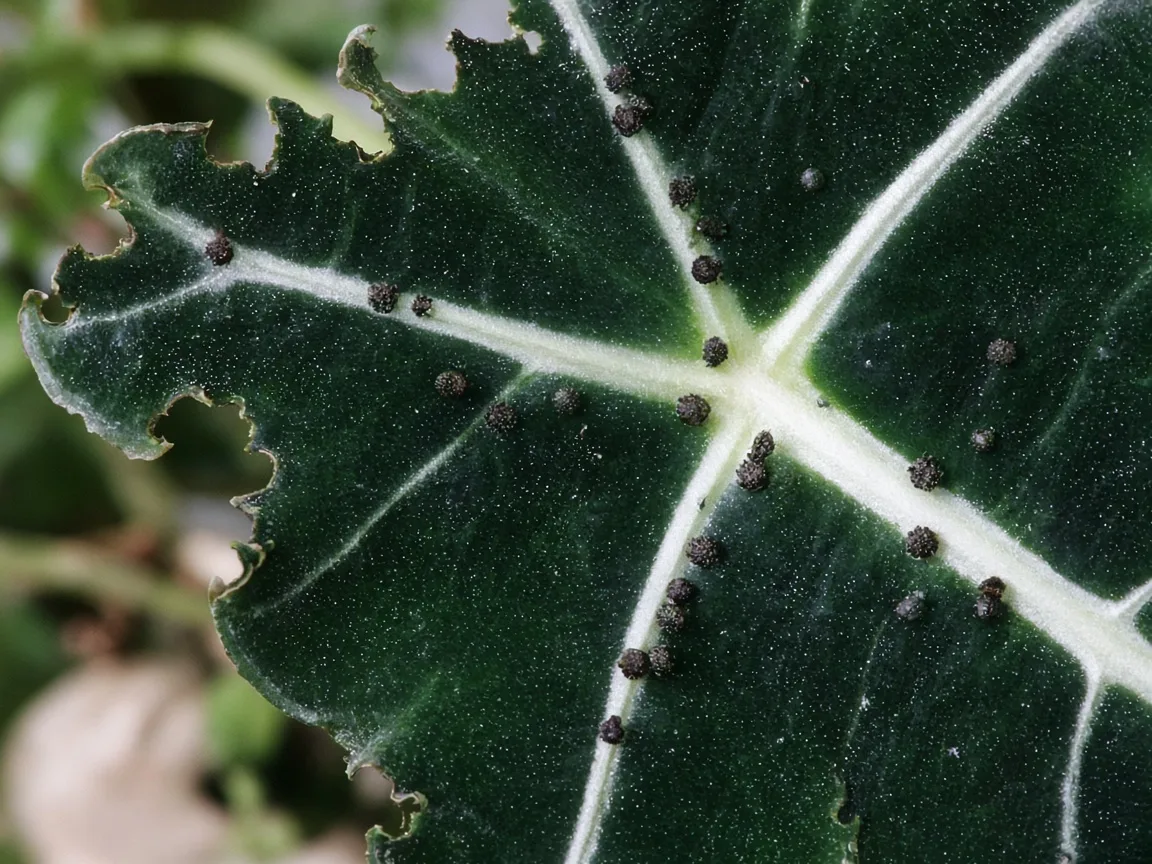 Close-up of caterpillar damage on Alocasia Frydek - irregular chewed notches on large dark green velvet arrow leaf with dark frass pellets