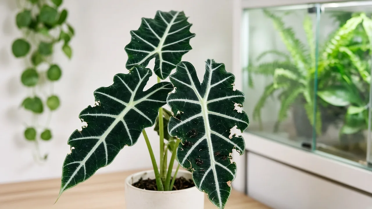 Caterpillars on Alocasia Frydek - ragged chewed notches on large dark green velvet arrow leaves with dark frass pellets