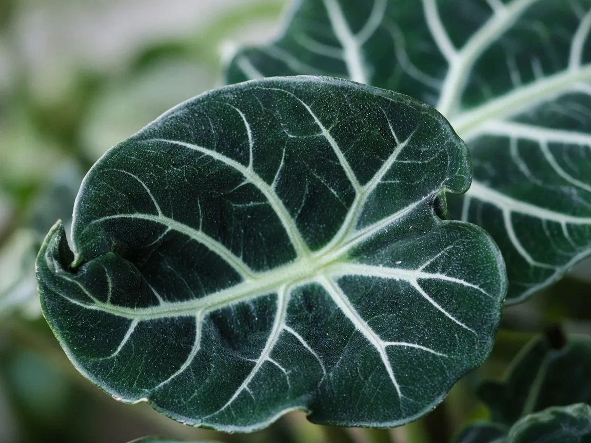 Close-up of curling leaves on Alocasia Frydek - diagnostic detail