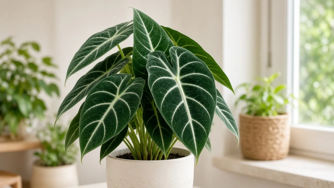 Curling leaves on Alocasia Frydek - cupped velvet foliage with white veining