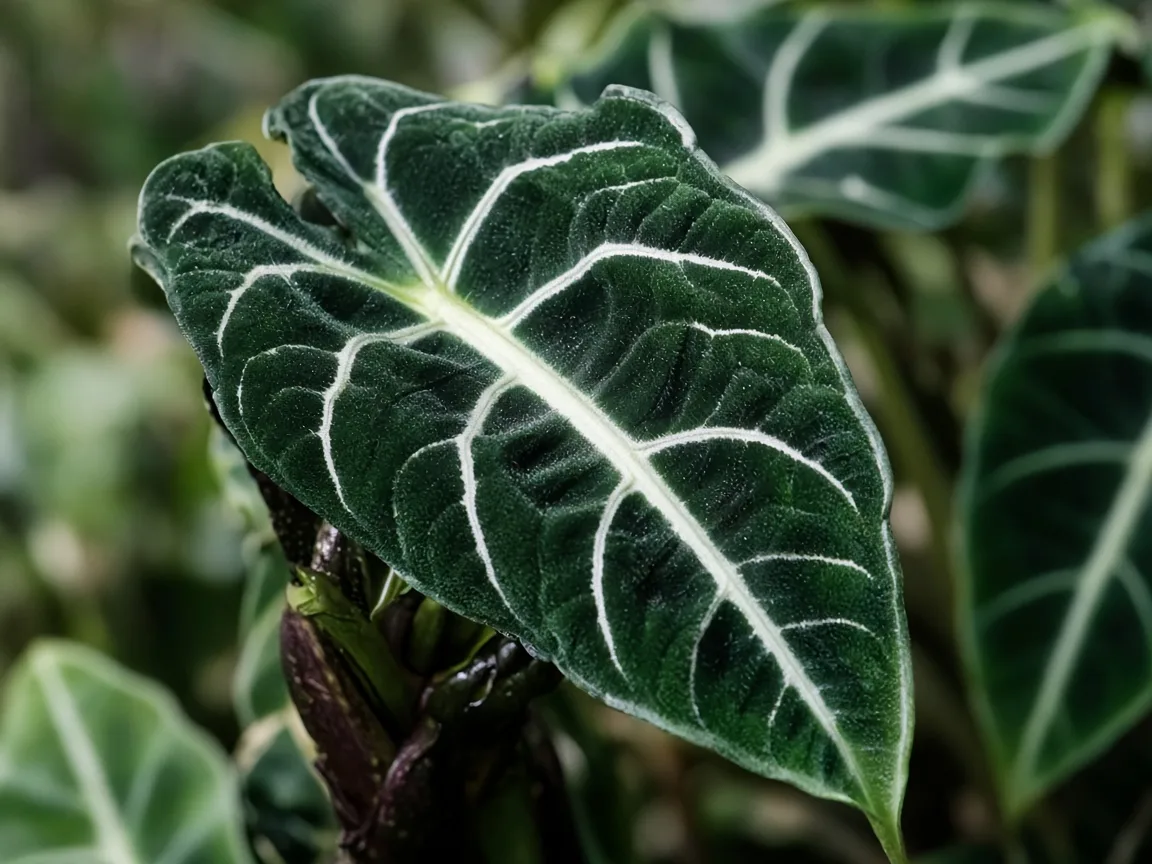 Close-up of distorted leaves on Alocasia Frydek - twisted puckered green velvet blade with white vein scarring