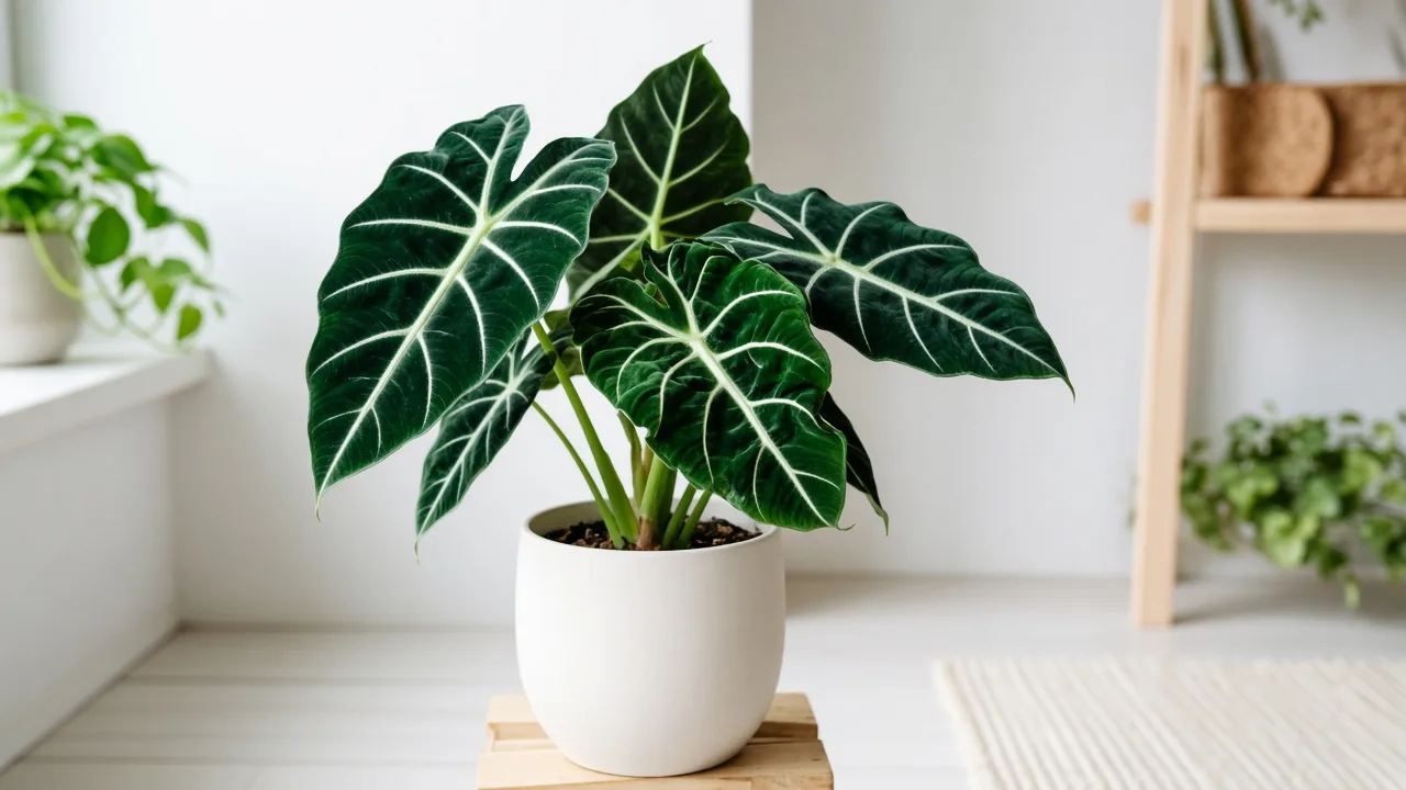 Distorted Leaves on Alocasia Frydek - twisted dark green velvet foliage with white veins