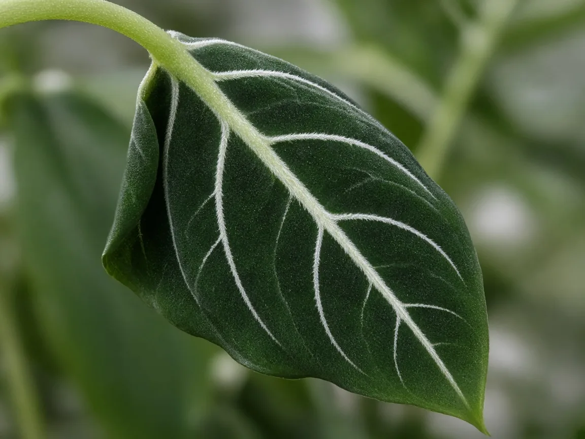 Close-up of drooping leaves on Alocasia Frydek - diagnostic detail