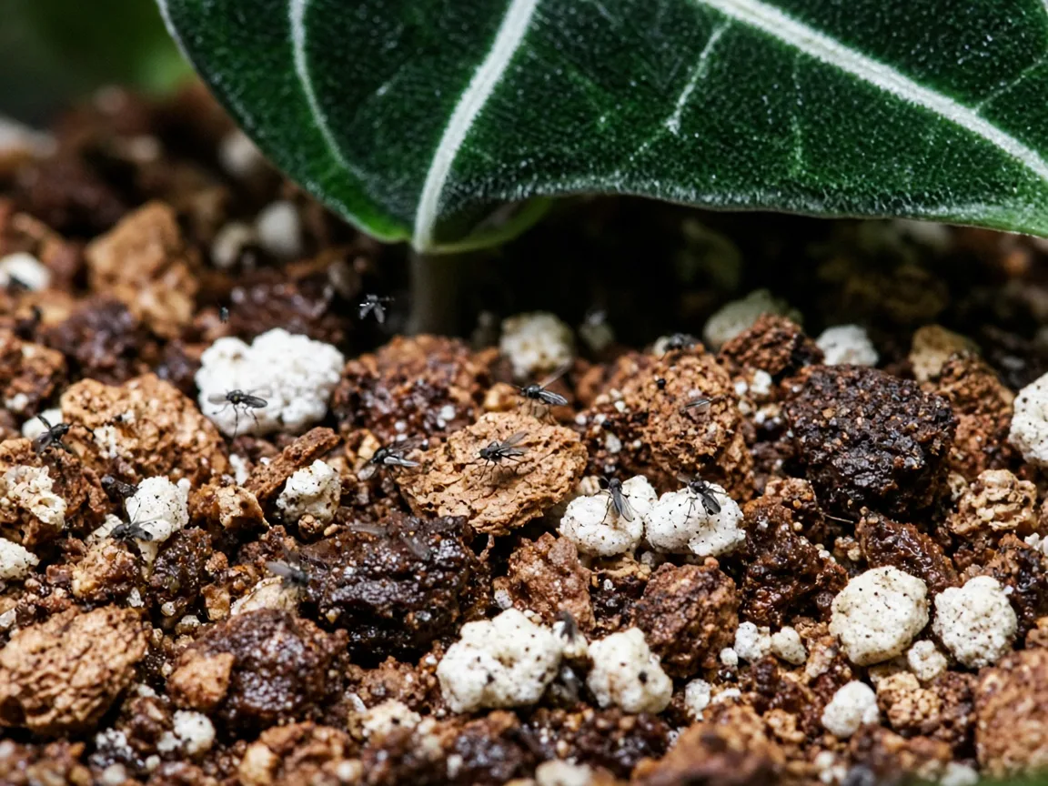 Close-up of fungus gnats on damp aroid mix at the base of Alocasia Frydek velvet arrow leaves
