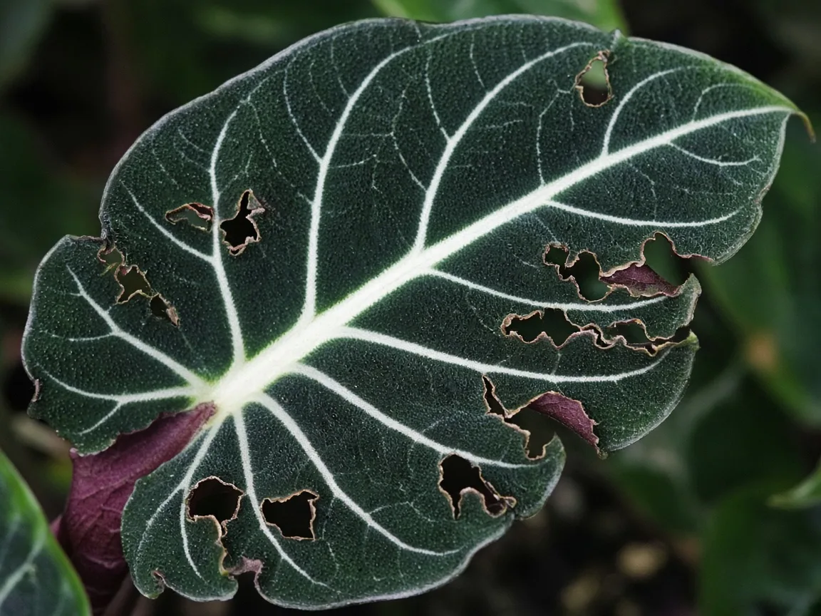 Close-up of holes in Alocasia Frydek leaf
