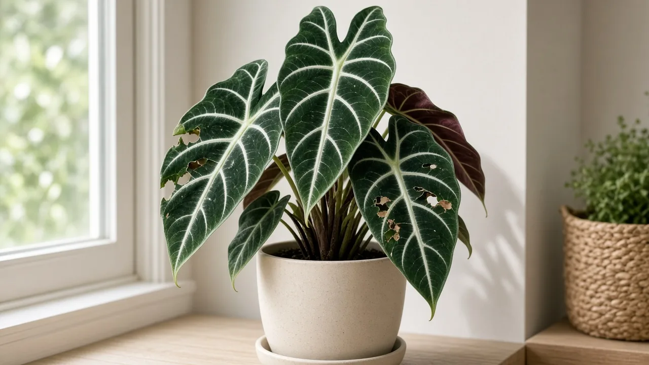 Holes in leaves on Alocasia Frydek - ragged chew marks on dark green velvet foliage with white veins