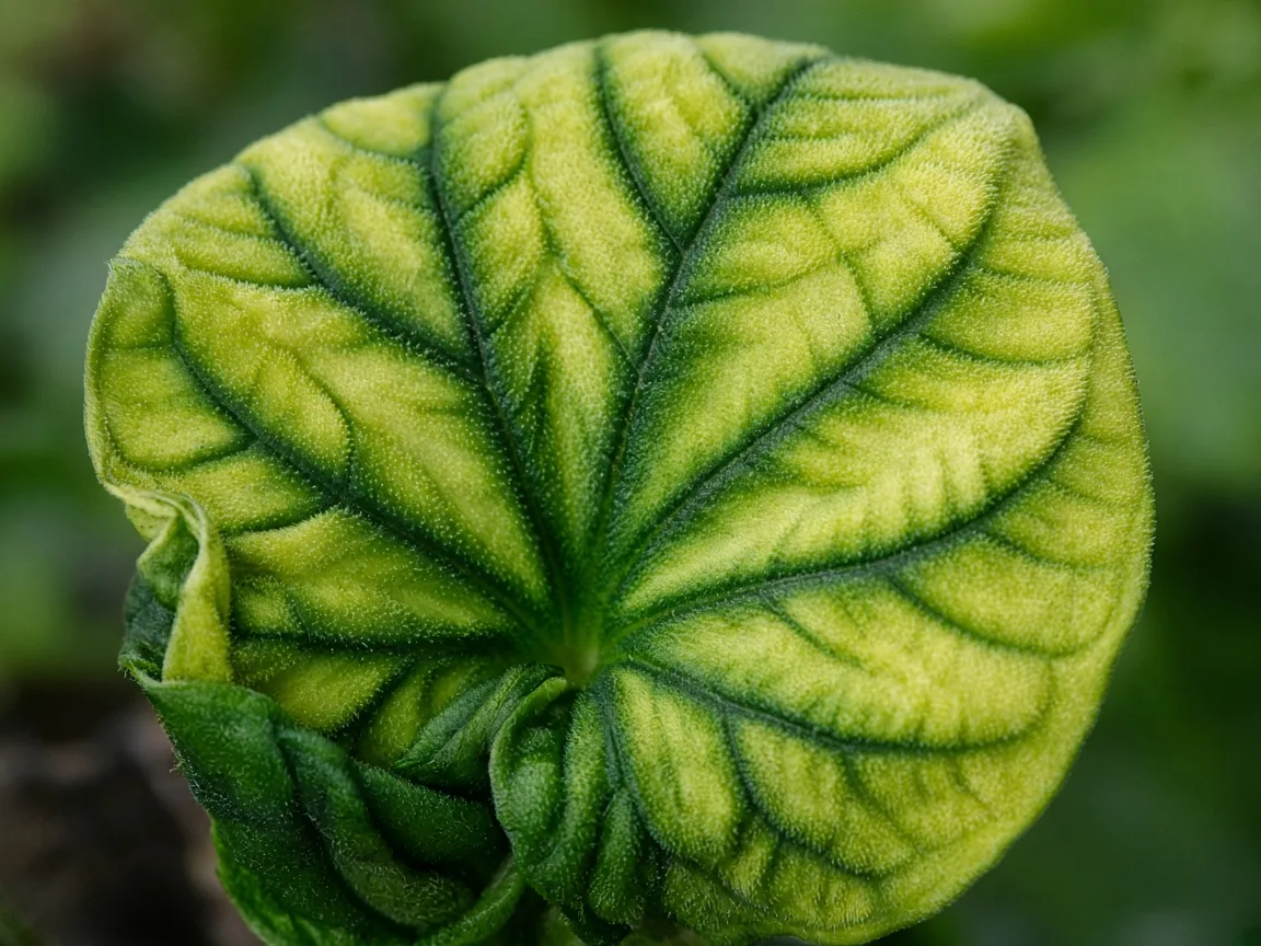 Close-up of interveinal chlorosis on new Alocasia Frydek velvet leaf