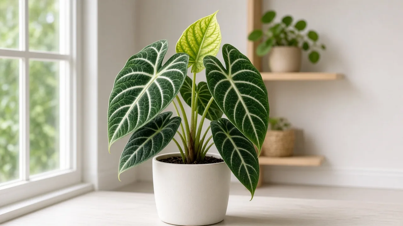 Iron deficiency on Alocasia Frydek - pale new velvet leaf with green veins at the crown