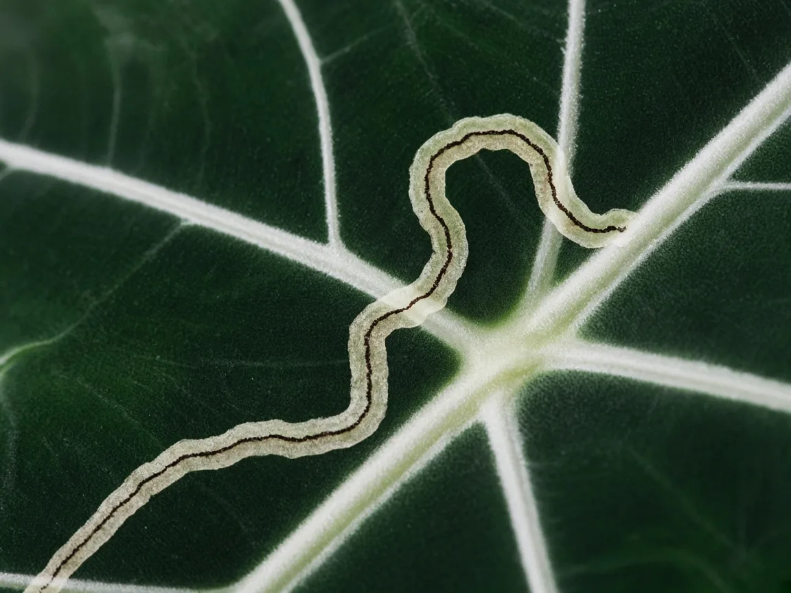 Close-up of leaf miners on Alocasia Frydek - pale serpentine tunnel visible on dark green velvet arrow leaf with white veining