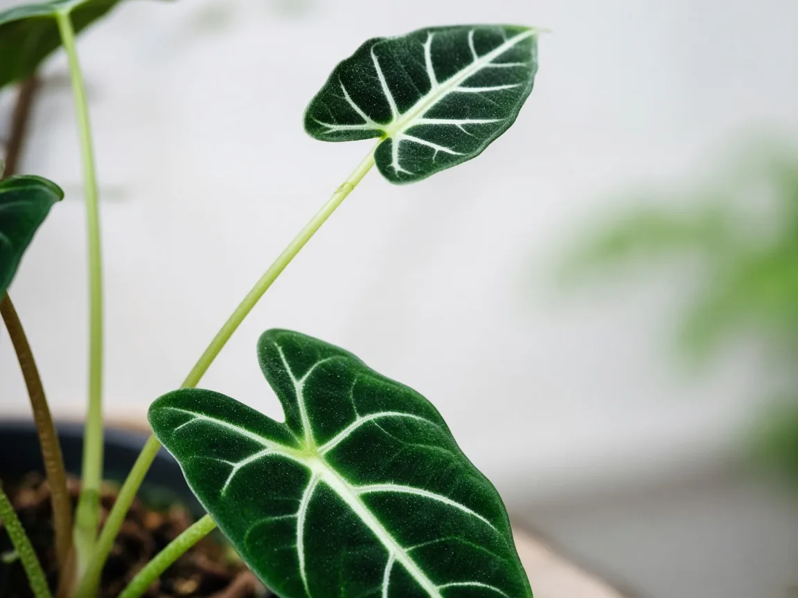 Close-up of leggy growth on Alocasia Frydek - elongated petiole with wide gap before a small dark velvet arrow leaf
