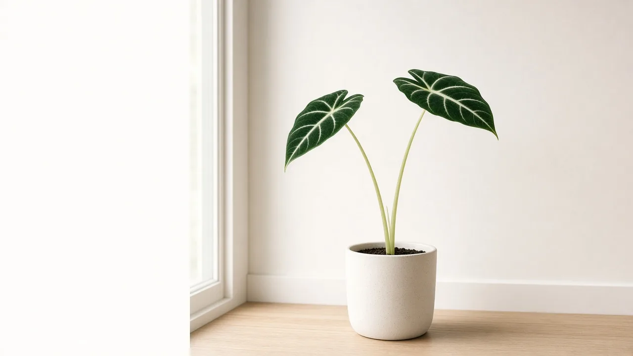 Leggy growth on Alocasia Frydek - Green Velvet alocasia leaning toward window with long bare petioles between small dark velvet arrow leaves