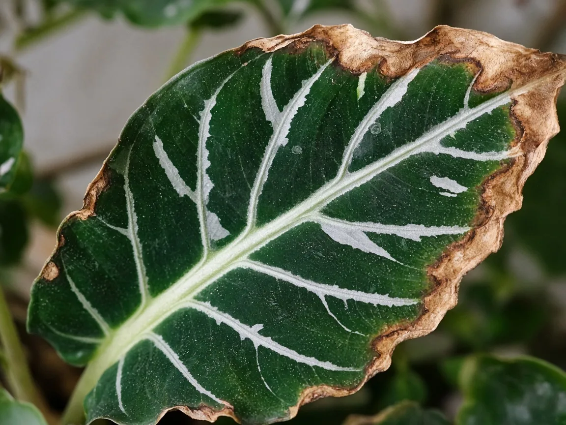 Close-up of low humidity on Alocasia Frydek - papery brown margins on velvet arrow leaf
