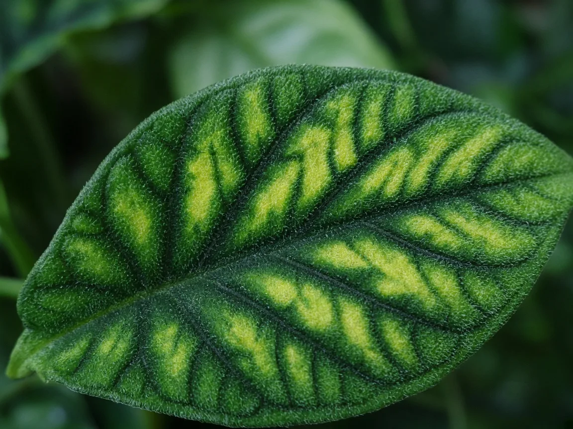 Close-up of interveinal chlorosis on older Alocasia Frydek velvet leaf
