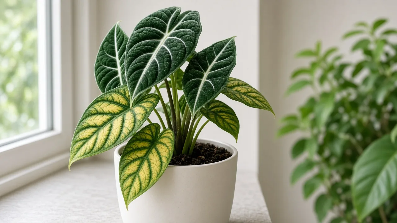 Magnesium deficiency on Alocasia Frydek - yellow between green veins on older lower velvet arrow leaves