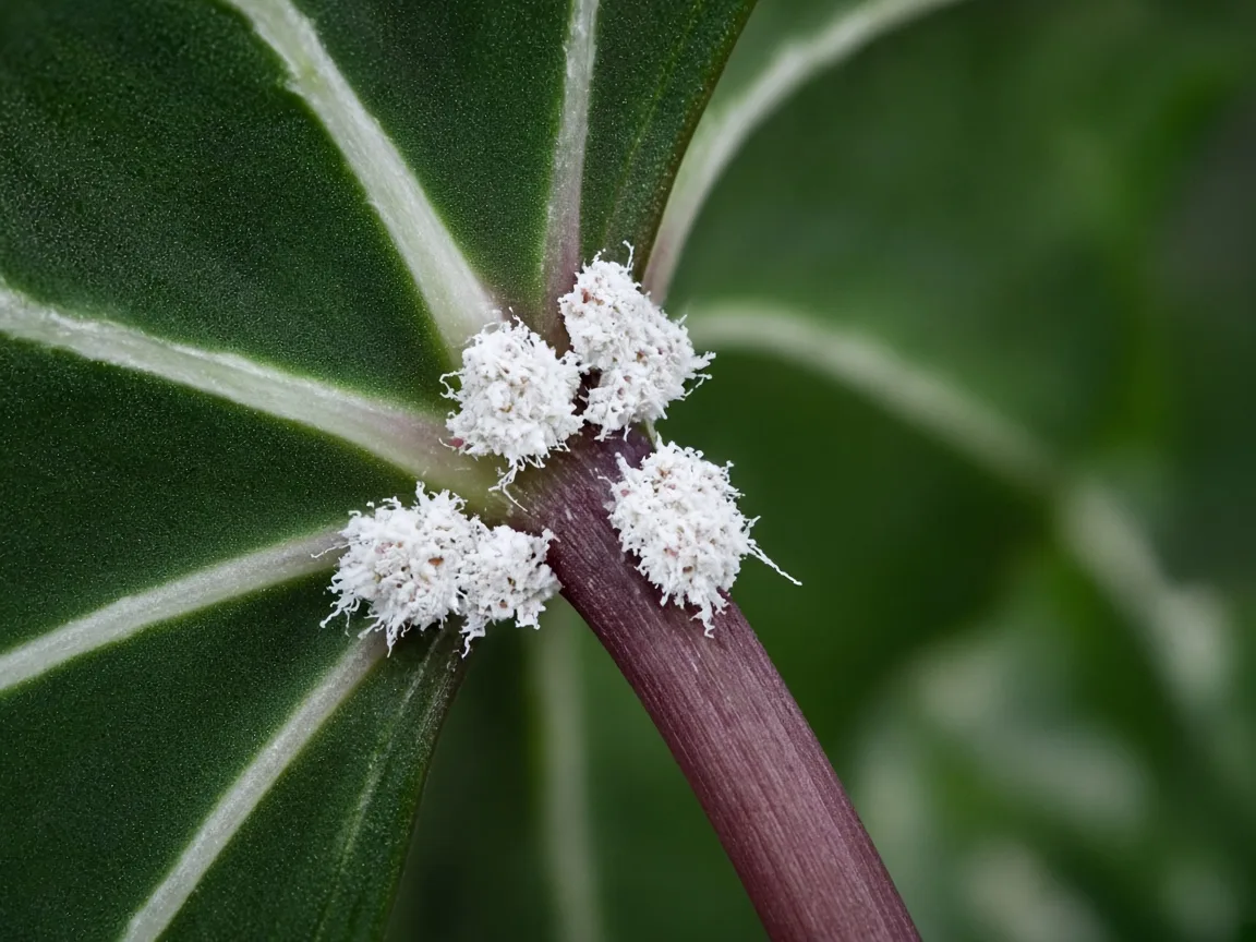 Close-up of white cottony mealybug clusters nestled in an Alocasia Frydek petiole axil between dark green velvet arrow leaves