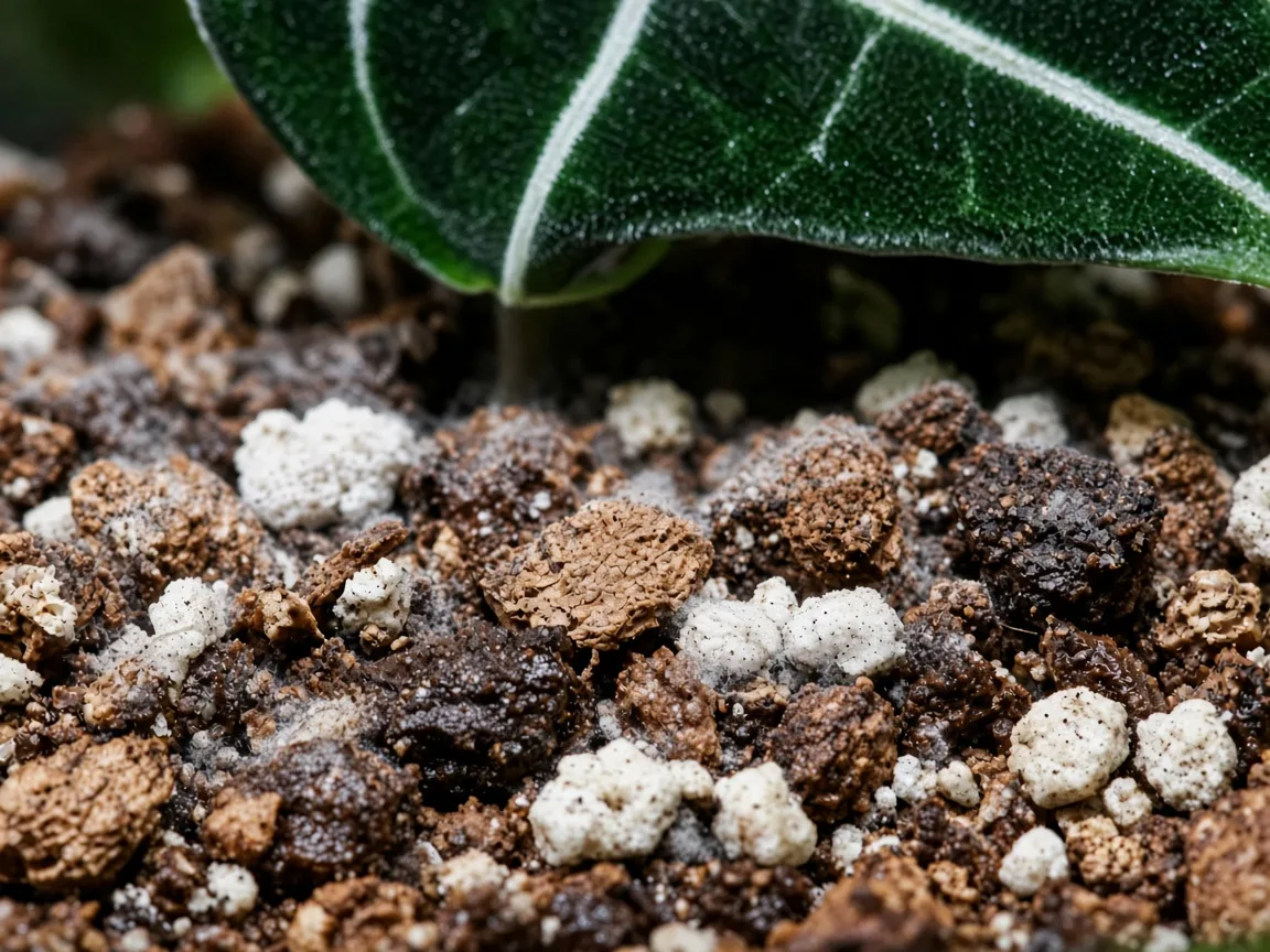 Close-up of mold on soil on Alocasia Frydek - white fuzzy threads on damp aroid mix at the base of velvet arrow leaves