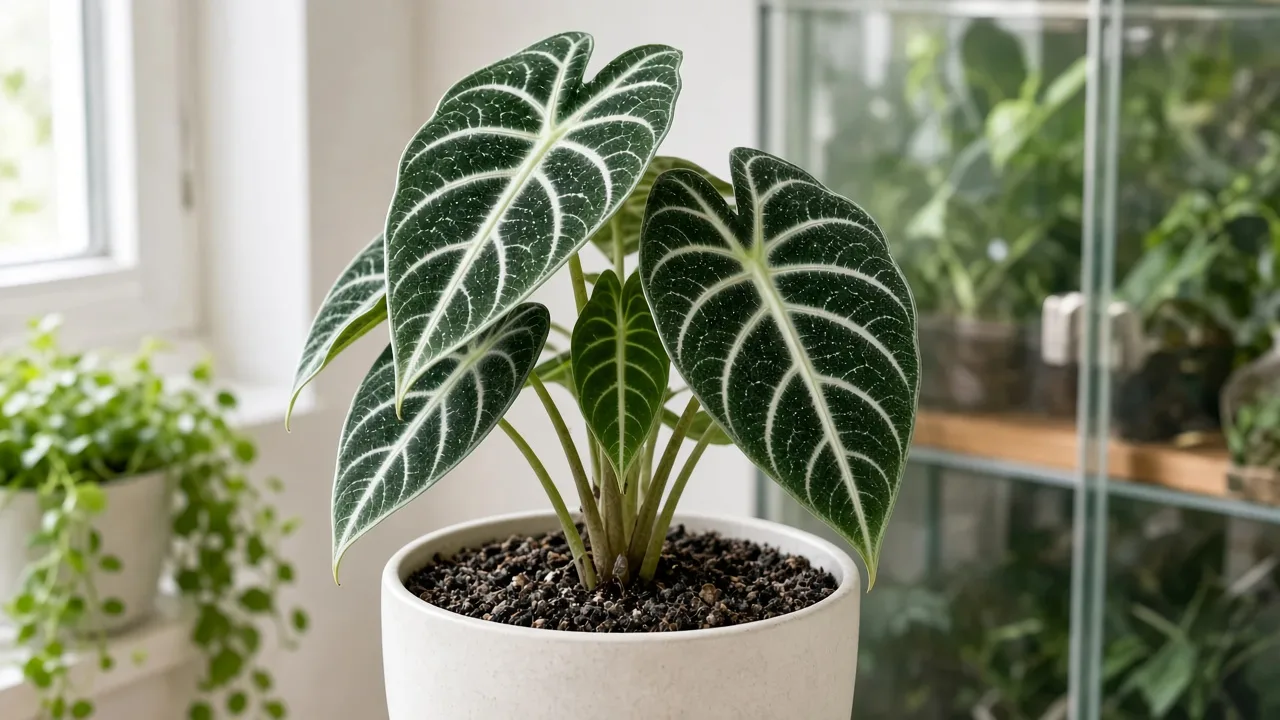 Mold on soil on Alocasia Frydek - white fuzzy growth on damp aroid mix at the base of dark green velvet arrow leaves