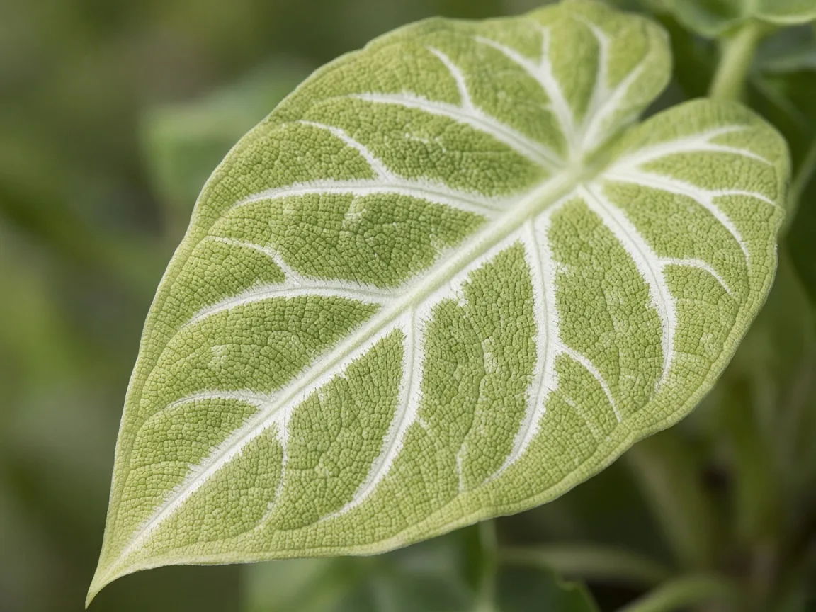 Close-up of nitrogen deficiency on Alocasia Frydek - faded velvet leaf with dull white veining on lower blade