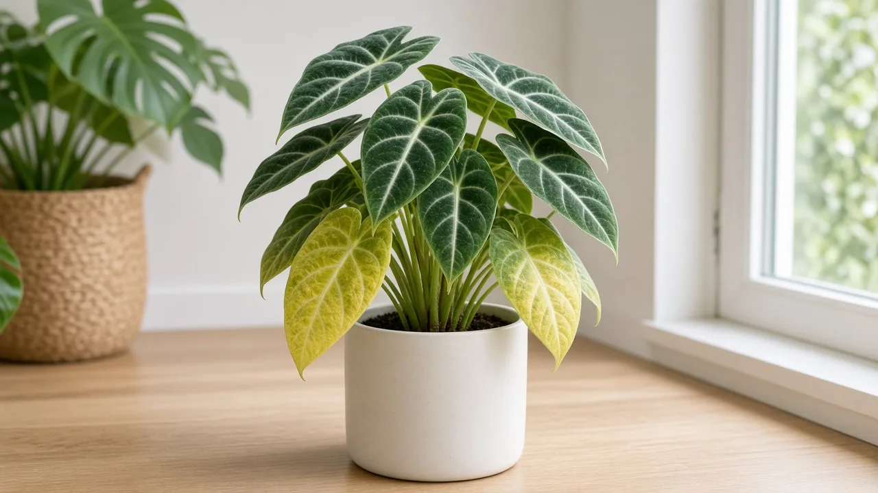 Nitrogen deficiency on Alocasia Frydek - pale lower velvet leaves with washed-out white veining