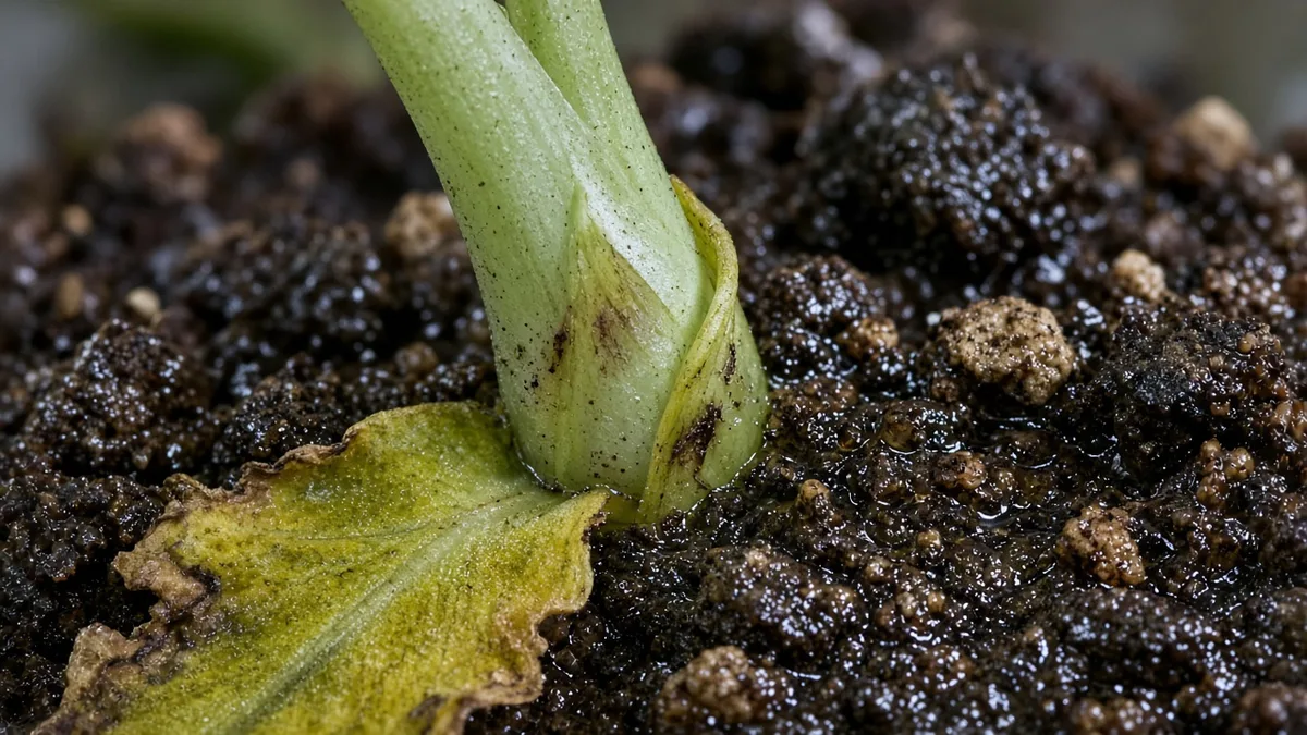 Close-up of overwatering on Alocasia Frydek - yellow lower leaf on damp mix