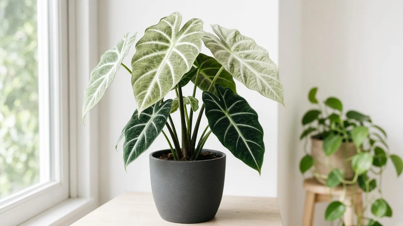 Pale Leaves on Alocasia Frydek - washed-out quilted velvet foliage with faded white vein contrast