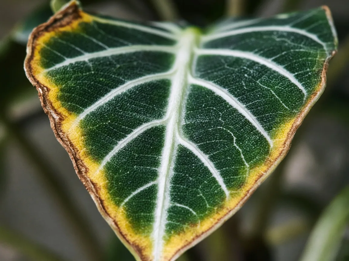 Close-up of potassium deficiency on Alocasia Frydek - scorched margin on quilted velvet leaf
