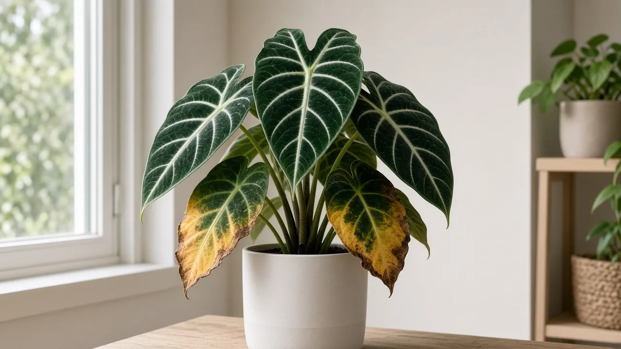 Potassium deficiency on Alocasia Frydek - scorched margins on older lower velvet leaves while crown growth stays green