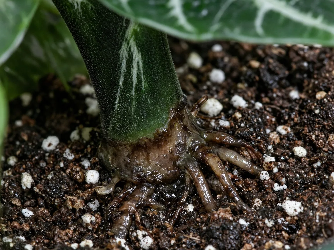 Close-up of root rot on Alocasia Frydek — mushy petiole base and discolored roots
