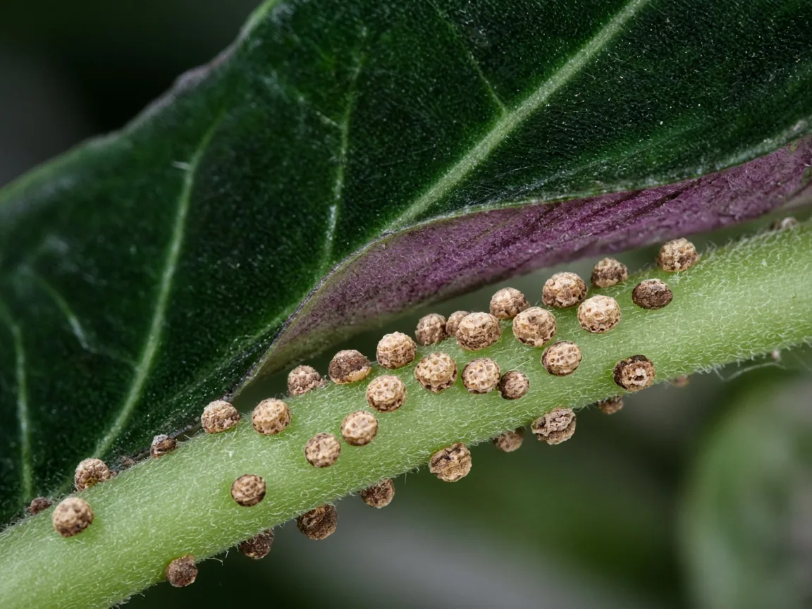 Close-up of tan scale insect bumps along an Alocasia Frydek petiole on a purple leaf underside