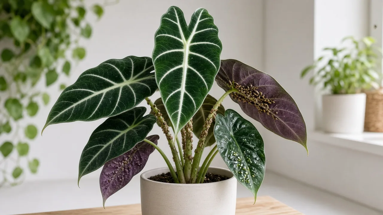 Scale insects on Alocasia Frydek - tan bumps on thick green petiole and purple leaf underside of velvet alocasia