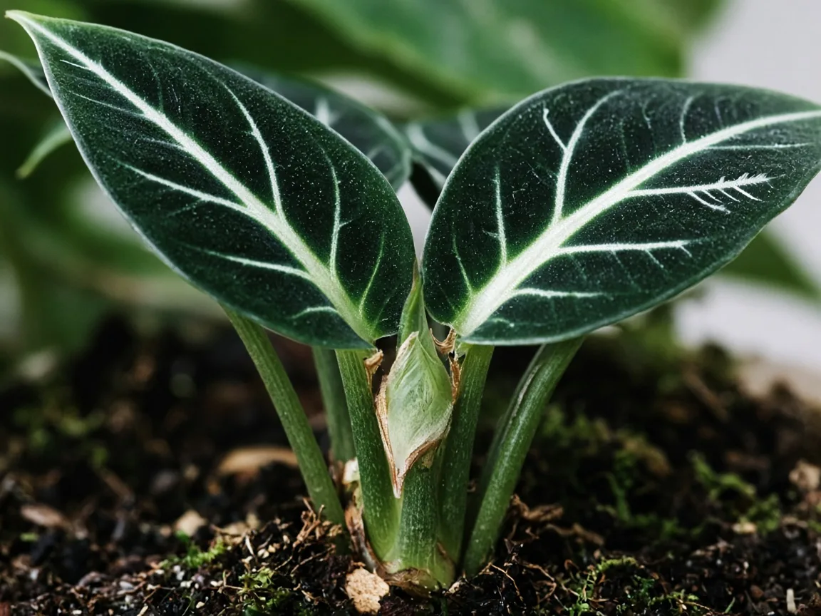 Close-up of Alocasia Frydek crown with no new velvet spear and only two older small dark arrow leaves held on firm petioles