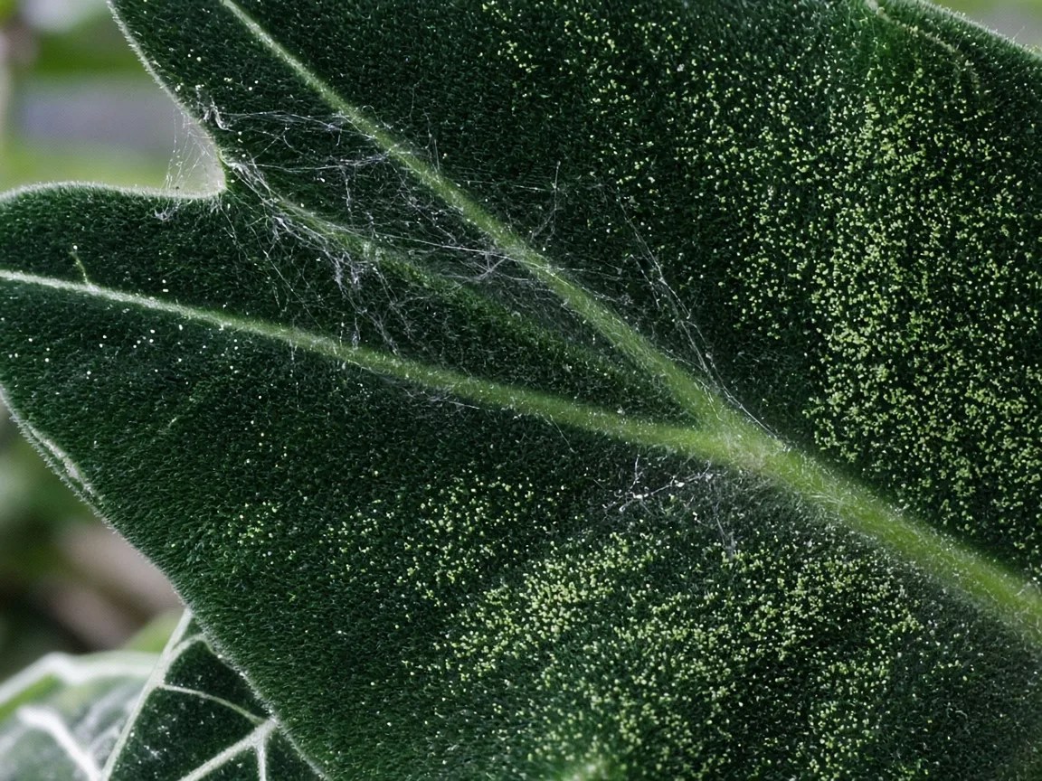 Close-up of pale stippling and fine webbing on the fuzzy underside of a dark green Alocasia Frydek velvet arrow leaf