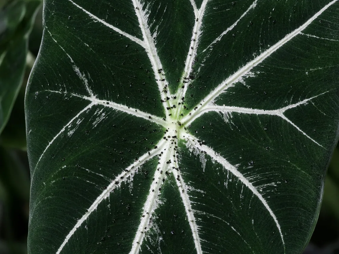 Close-up of thrips damage on Alocasia Frydek - silvery streaks and black frass specks on dark green velvet leaf with white veining