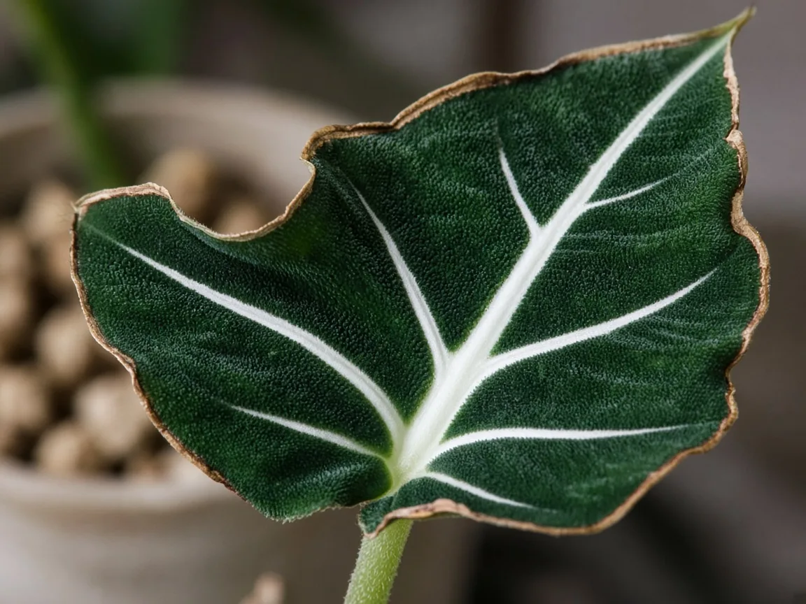 Close-up of underwatering on Alocasia Frydek - diagnostic detail