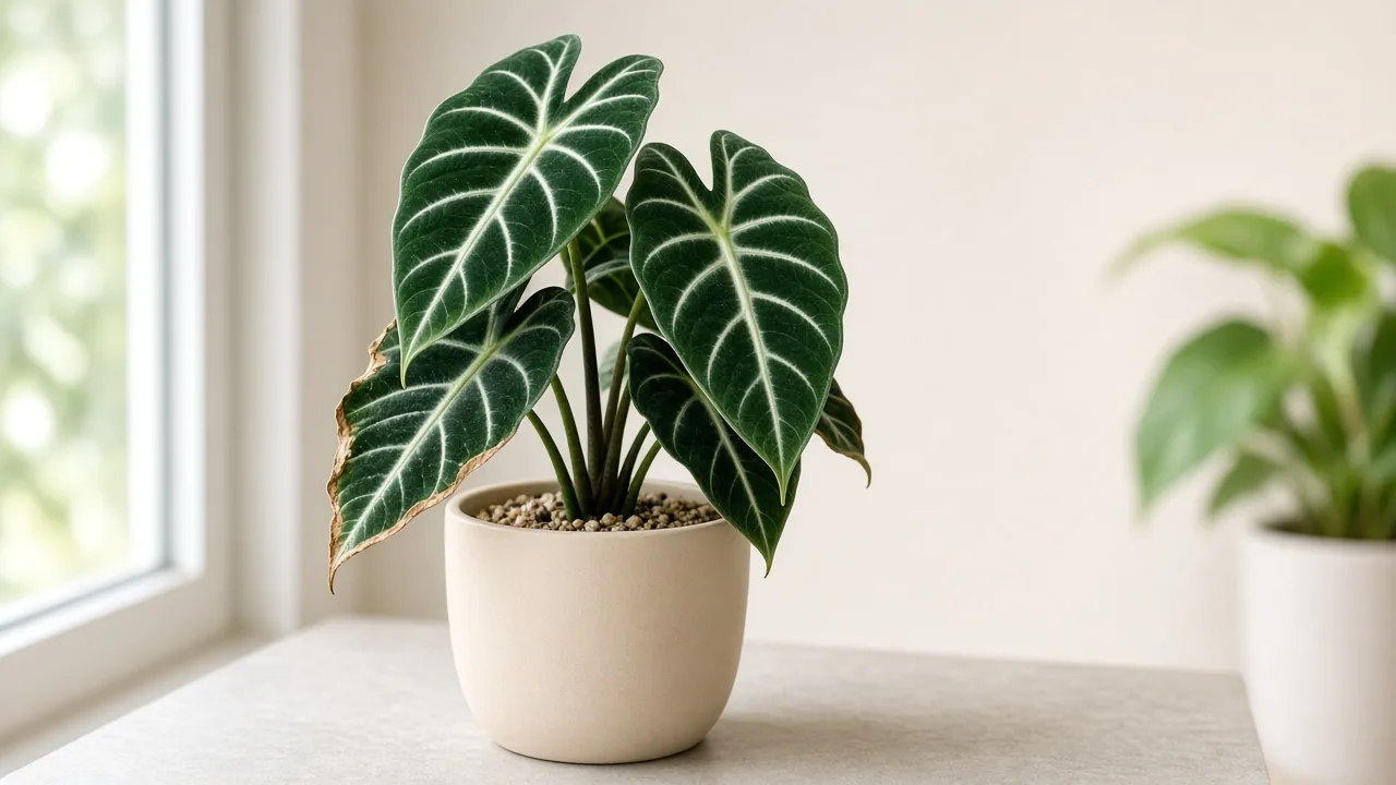 Underwatering on Alocasia Frydek - cupped velvet arrow leaves with crispy brown edges above pale dry potting mix