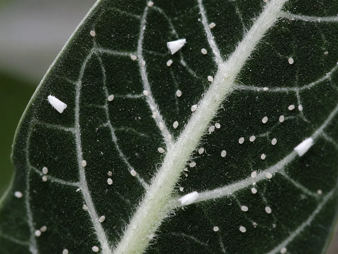 Close-up of tiny white adult whiteflies and pale nymphs on the fuzzy underside of a dark green Alocasia Frydek velvet arrow leaf