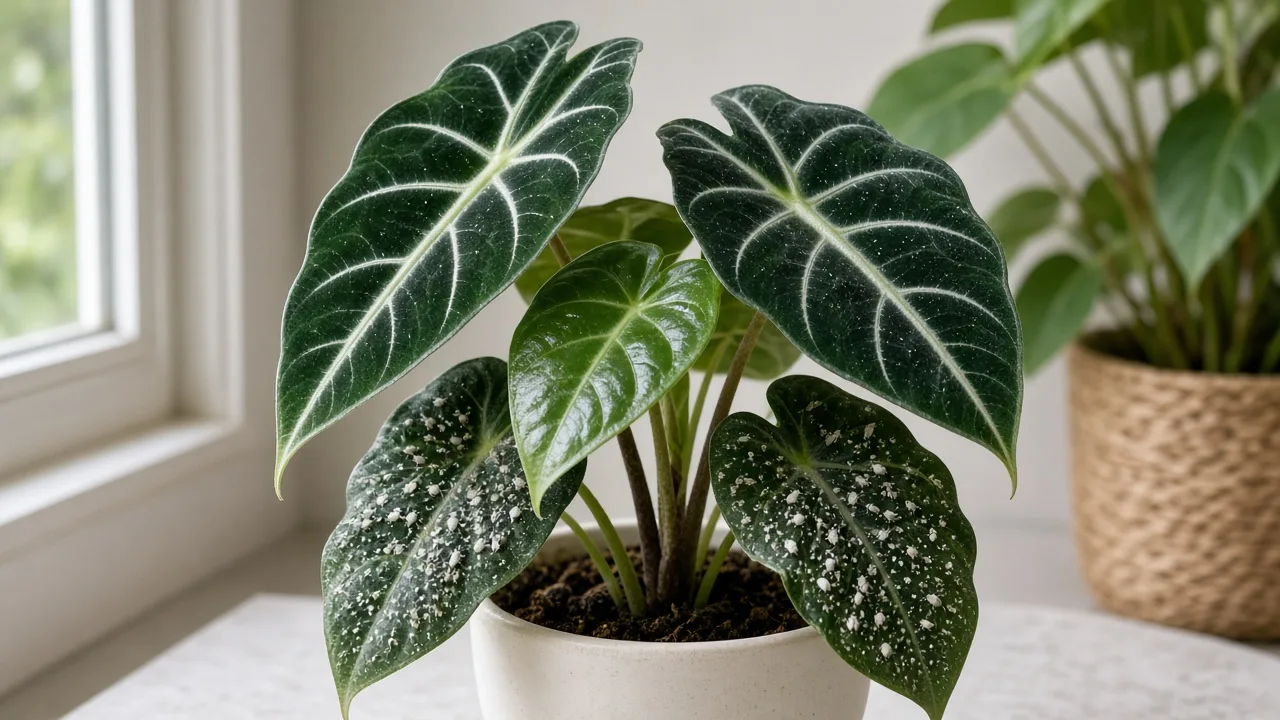 Whiteflies on Alocasia Frydek - tiny white insects and nymphs on fuzzy undersides of dark green velvet arrow leaves