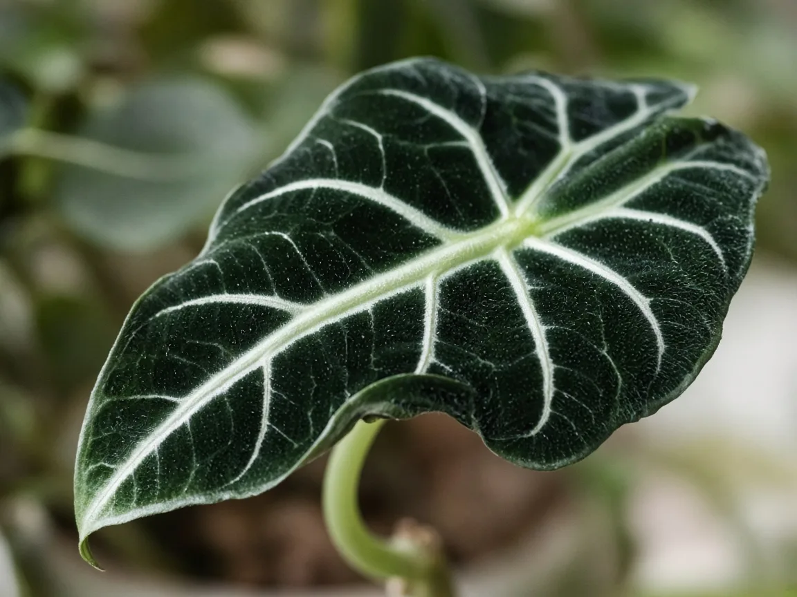 Close-up of wilting on Alocasia Frydek - diagnostic detail