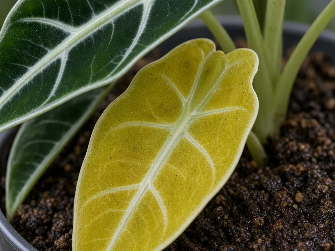 Close-up of yellow leaves on Alocasia Frydek - chartreuse lower velvet blade with white veins fading