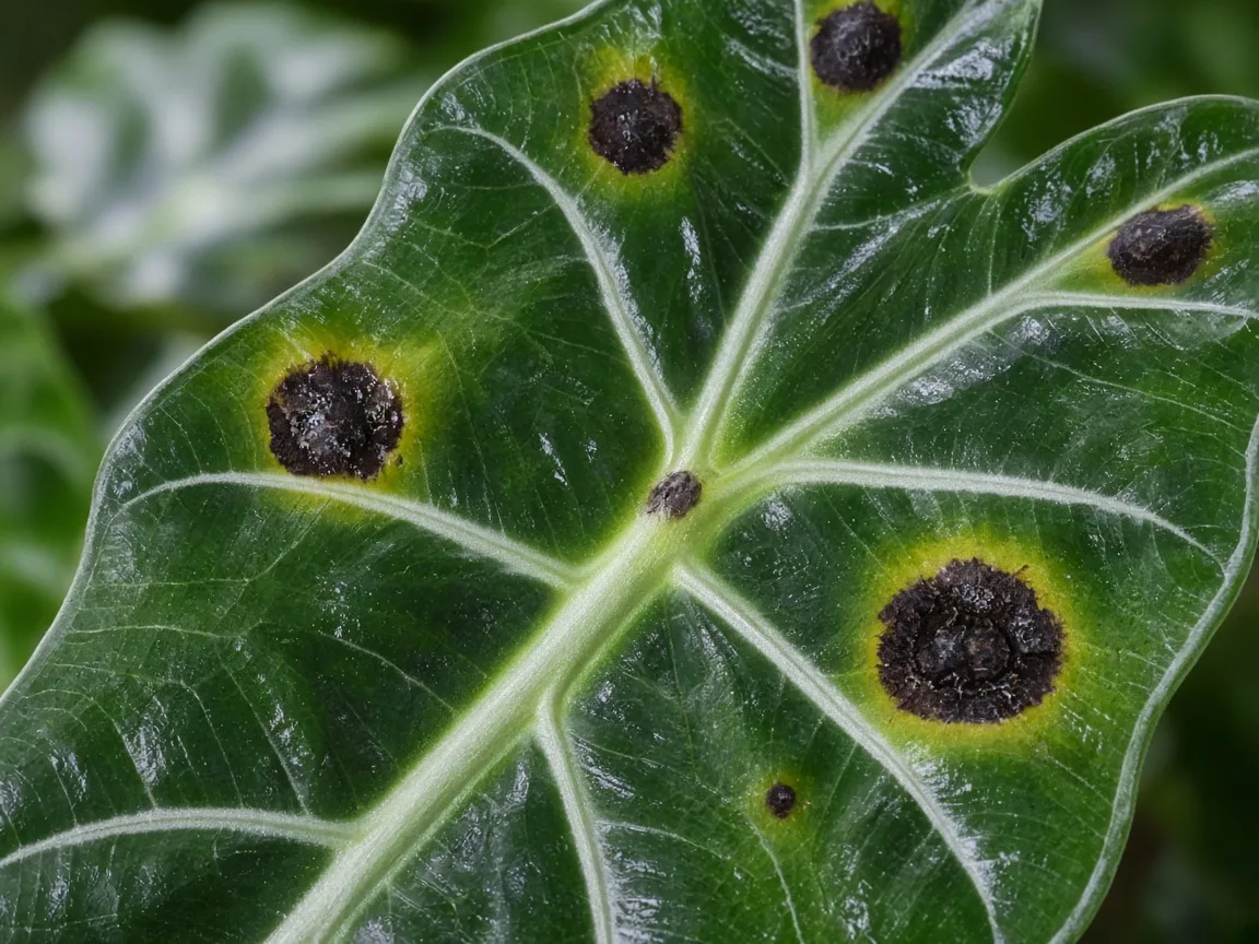 Close-up of black spots on Alocasia Polly - diagnostic detail