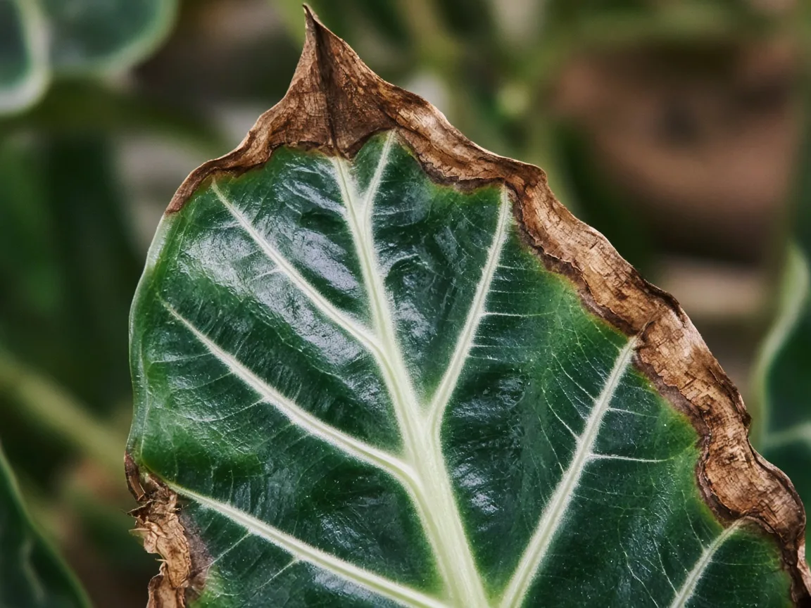 Close-up of brown leaf damage on Alocasia Polly glossy arrow foliage