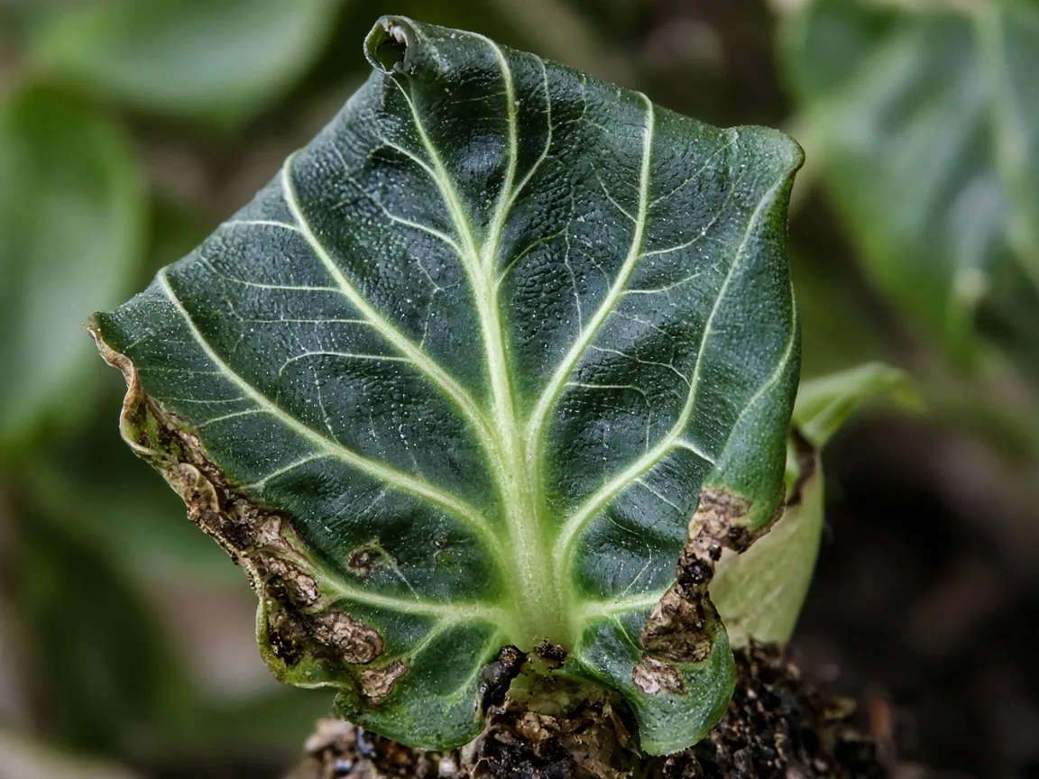 Close-up of cupped margins on a new unfurling Alocasia Polly arrow leaf