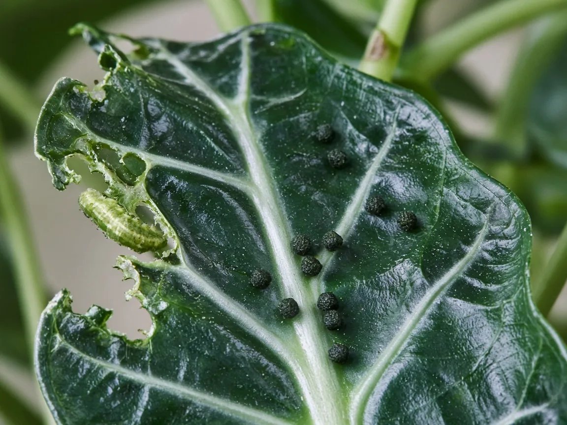Close-up of caterpillar chew damage on Alocasia Polly arrow leaves
