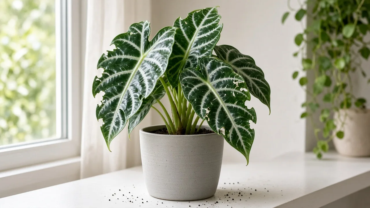 Caterpillars on Alocasia Polly - ragged chew on arrow-shaped leaves with frass