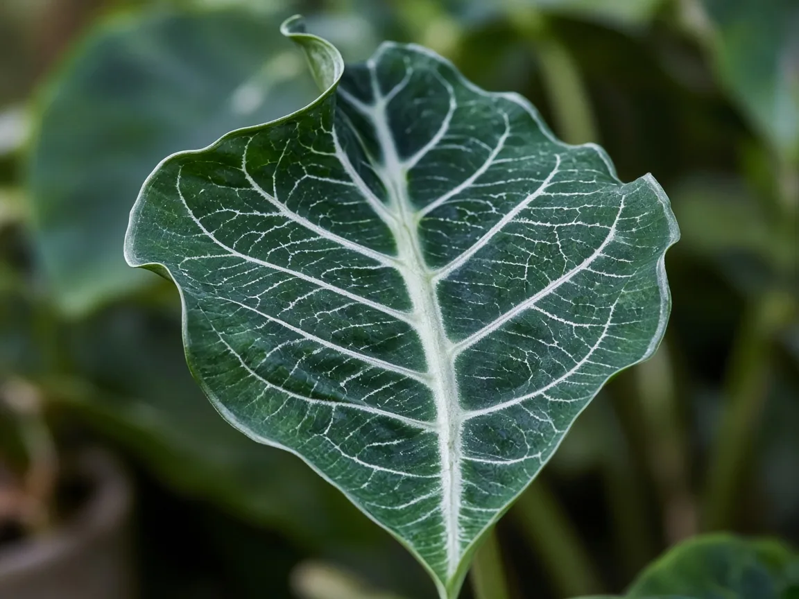 Close-up of curling leaves on Alocasia Polly - cupped arrowhead leaf surface