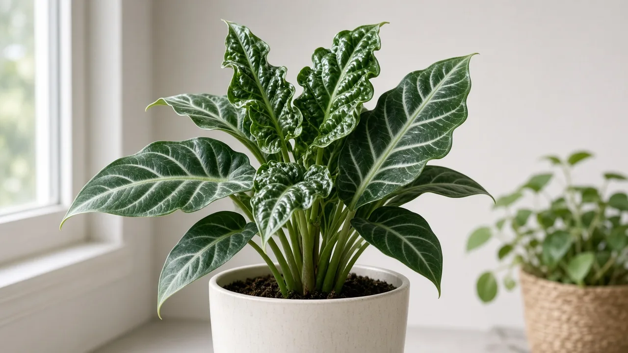 Distorted leaves on Alocasia Polly - twisted puckered dark green arrow foliage with silver veins