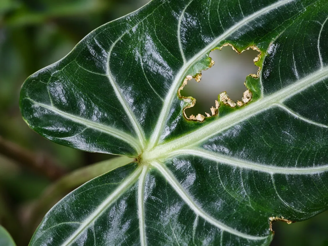 Close-up of holes in Alocasia Polly leaf