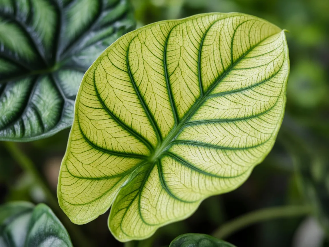 Close-up of interveinal chlorosis on new Alocasia Polly arrowhead leaf