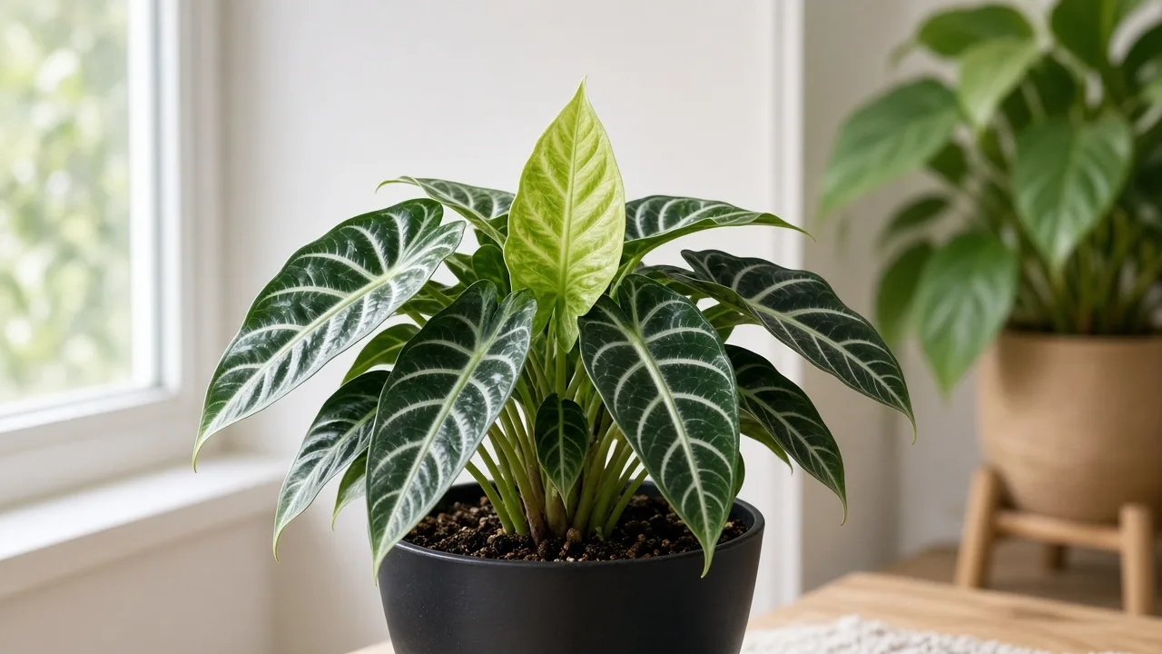 Iron deficiency on Alocasia Polly - pale new arrowhead leaf with dark green veins above glossy older African mask foliage