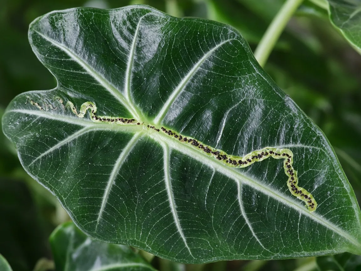 Close-up of leaf miners on Alocasia Polly - pale serpentine tunnel visible on dark green arrow-shaped African Mask leaf with white veining